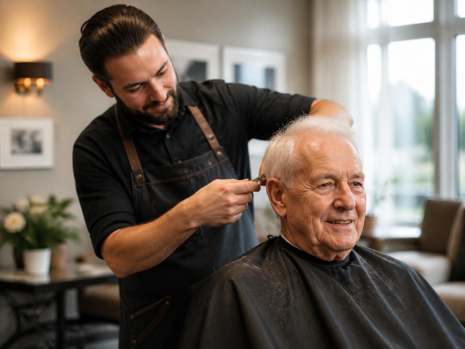 A professional barber giving a dignified haircut to an elderly gentleman in a bright care home lounge